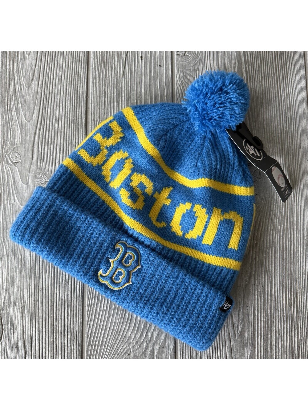 Boston Red Sox โ47 City Connect Beanie Blue Yellow 617 Pom Knit Hat NWT